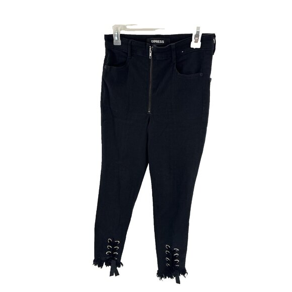 Express Denim - Express Womens 6 Black Super High Rise Ankle Legging Jeans Lace Up Hem Stretch